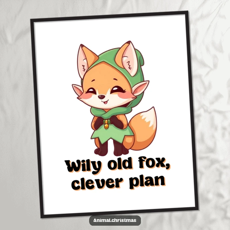 Funny Free Printable Wall Art: Adorable fox dressed as an elf giggling mischievously, perfect for playful DIY decor.