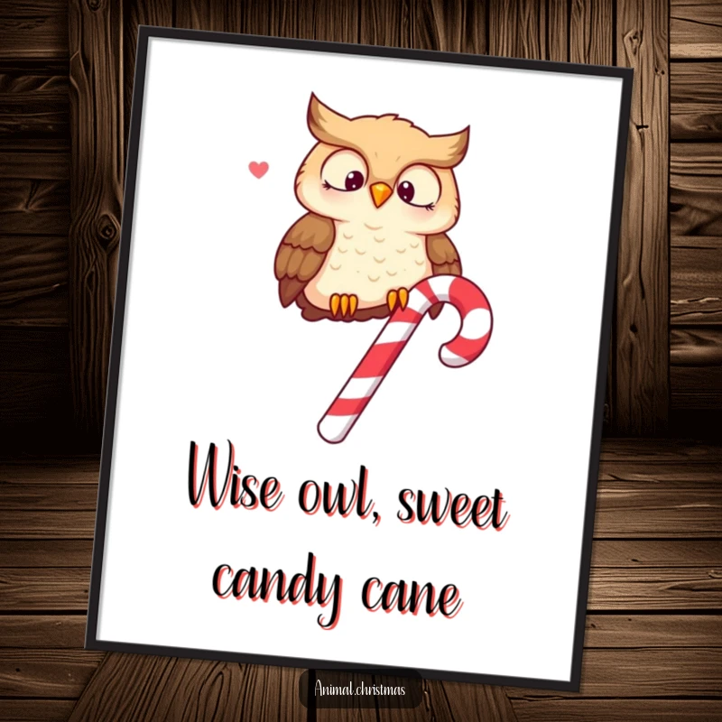 Funny Free Printable Wall Art: A cheerful owl sits playfully on a candy cane, hooting merrily in a whimsical scene.