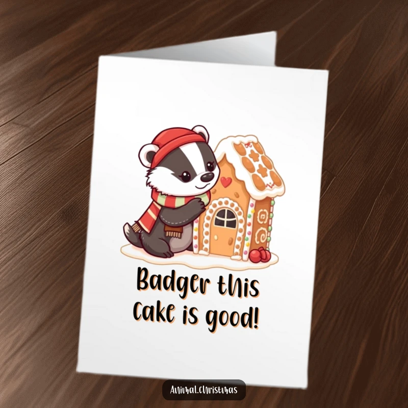Funny Free Printable Birthday Card: Badger in festive scarf decorating gingerbread house with icing, celebrating with holiday baking.