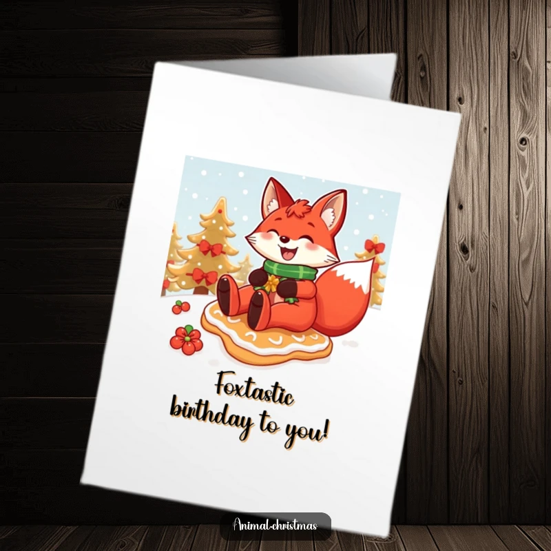 Funny Free Printable Birthday Card: A red fox grins widely while sliding down a snowy hill on a gingerbread cookie.