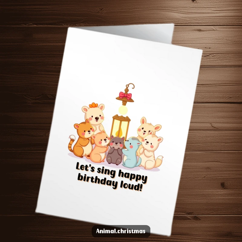 Free Printable Birthday Card: A happy group of animals sings carols joyfully around a glowing lantern, celebrating with music.