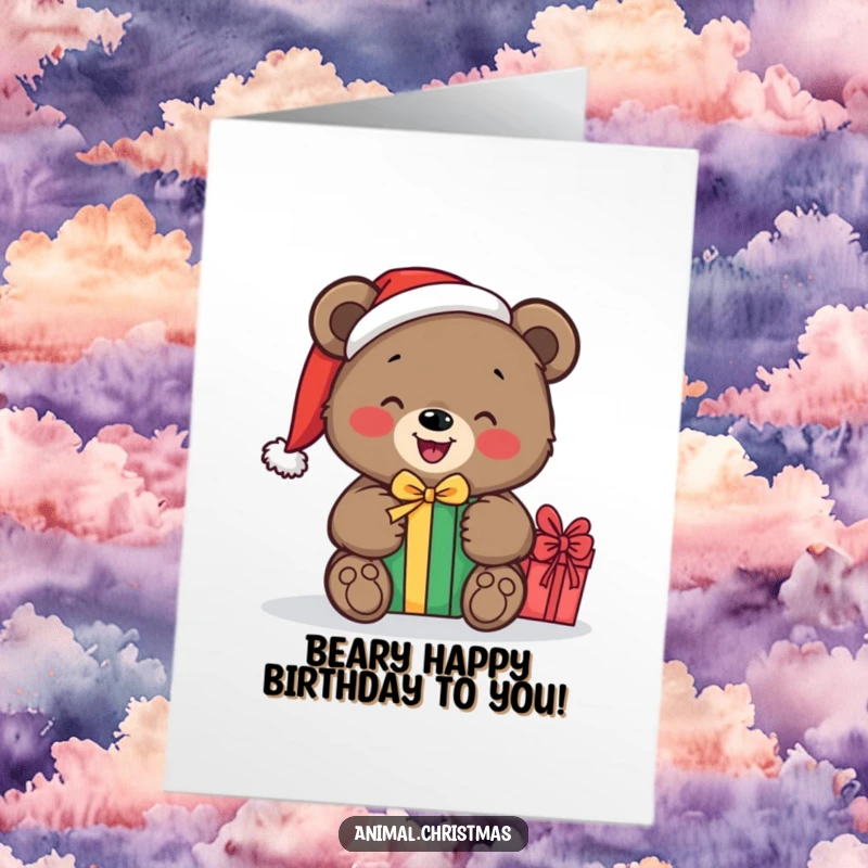 Funny Free Printable Birthday Card: A bear in a Santa hat happily unwrapping a gift, showing excited anticipation.