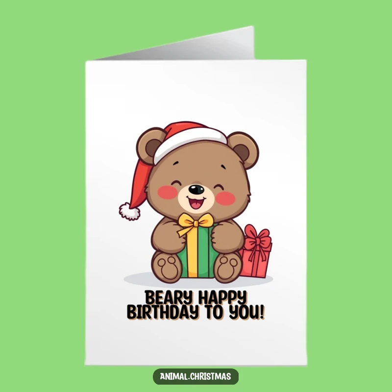 Free Printable Birthday Card: Bear Unwrapping Gift, Funny Downloadable Card for Festive Cheers