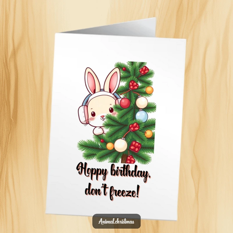 Free Printable Birthday Card: A sweet rabbit in earmuffs peeks shyly from behind a decorated pine tree, ready for fun.