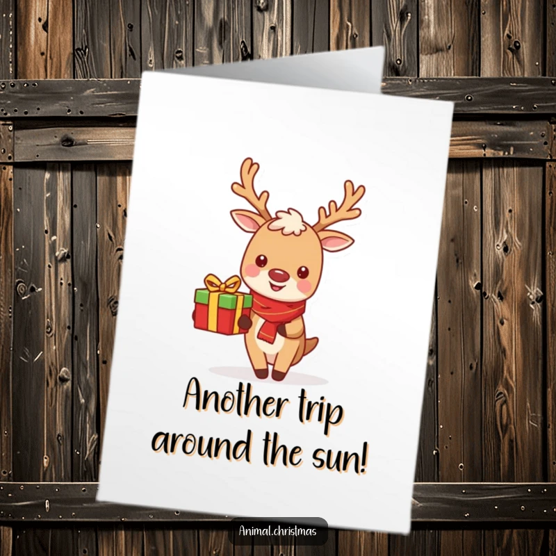 Funny Free Printable Birthday Card: A cute reindeer with a big smile delivers a gift, ready to make your recipient laugh.