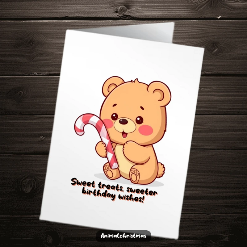 Funny Free Printable Birthday Card: Adorable bear cub excitedly clutches a giant candy cane, ready for birthday fun.