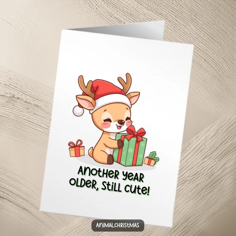 Funny Free Printable Birthday Card: Kawaii deer in Santa hat gleefully unwraps a present, perfect for a festive DIY gift.