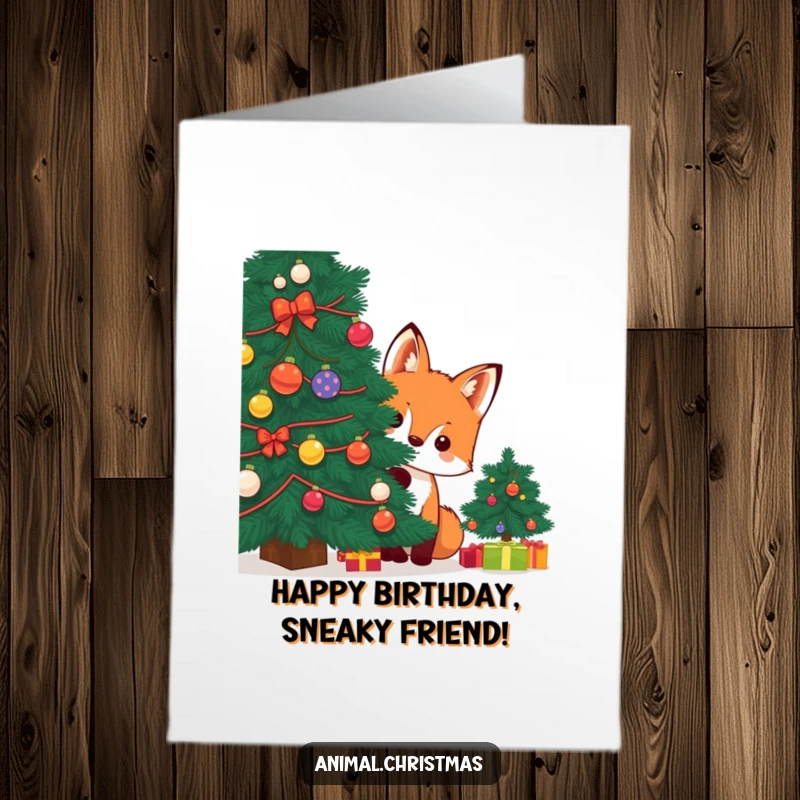 Funny Free Printable Birthday Card: Kawaii fox peeking from a Christmas tree, ideal for a humorous DIY birthday.