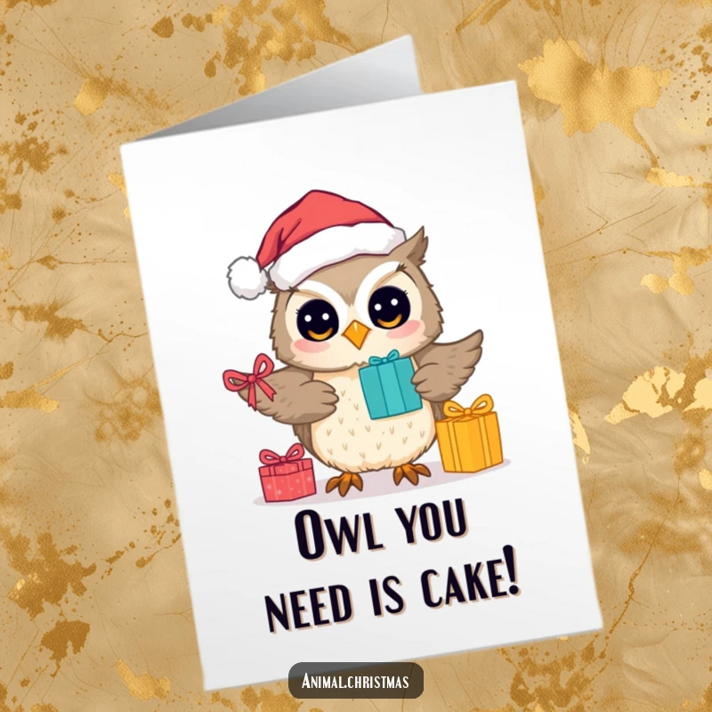 Funny Free Printable Birthday Card: Cute owl in Santa hat generously hands out festive presents, spreading holiday cheer.
