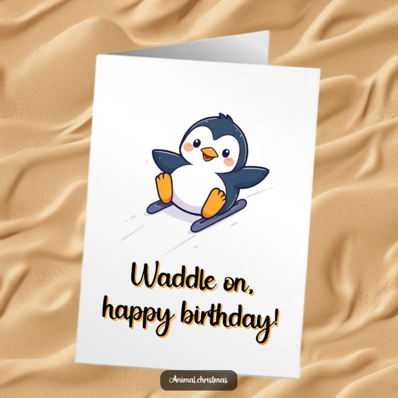 Funny Free Printable birthday card: An overjoyed kawaii penguin slides down a snowy hill with glee, sending birthday fun. Download today!