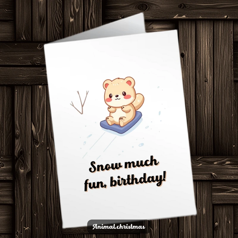Funny Free Printable Birthday Card: Cartoon animal wildly sliding down a steep snowy mountain, snowboard strapped on, pure joy.