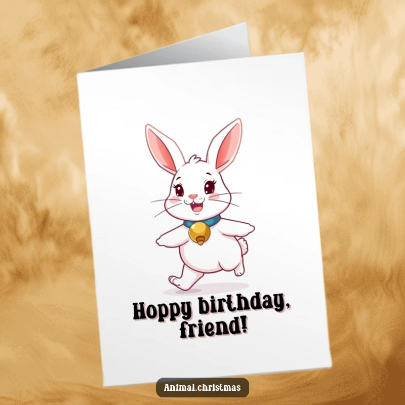 Funny Free Printable Birthday Card: Merry rabbit with jingle bell collar hopping enthusiastically, celebrating with DIY charm.