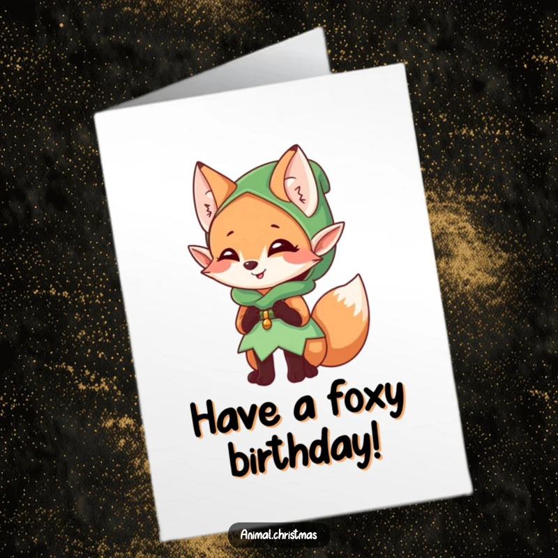Funny Free Printable Birthday Card: Fox dressed as an elf giggling mischievously, adding playful charm to a DIY celebration.