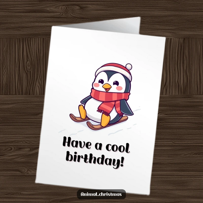 Funny Free Printable Birthday Card: A penguin in a festive scarf gleefully slides down a snowy hill, embodying winter birthday joy.