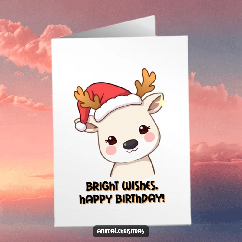 Funny Free Printable Birthday Card: Animal wearing festive antlers curiously peers at a bright twinkling light, full of wonder.