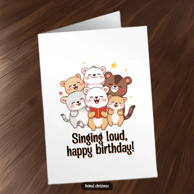 Funny Free Printable Birthday Card: Group of animals joyfully caroling with big smiles, bringing festive birthday spirit.