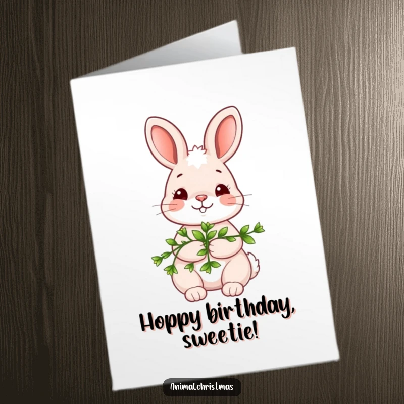 Funny Free Printable Birthday Card: A shy kawaii bunny holds mistletoe, offering a sweet, bashful smile for a birthday hug.