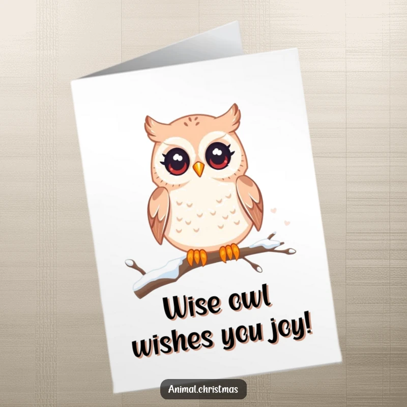 Funny Free Printable Birthday Card: Kawaii owl with twinkling eyes on a snowy branch, ready to deliver birthday wishes with a smile.
