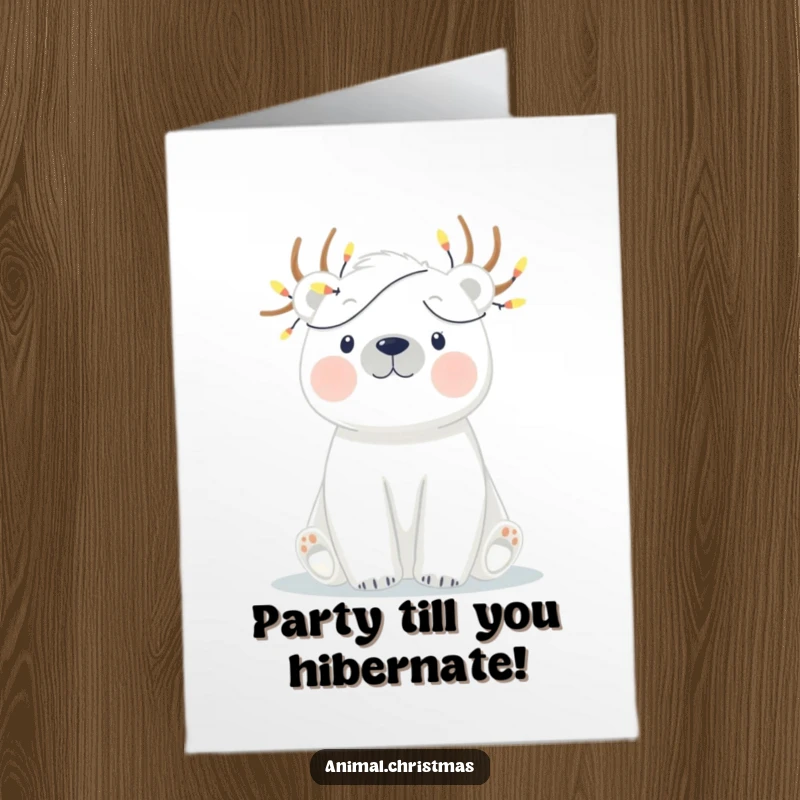 Funny Free Printable Birthday Card: A polar bear with twinkling lights tangled on its antlers wishes a happy birthday.