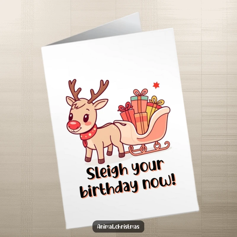 Funny free printable birthday card of a reindeer struggling with a tiny sleigh packed with colorful gifts, ready for laughs.