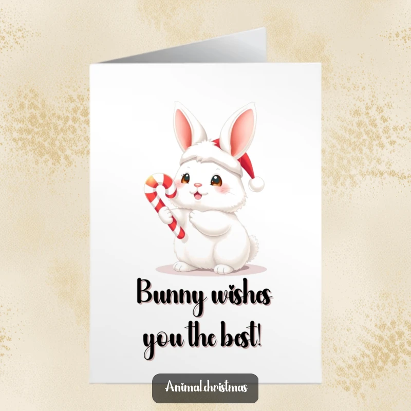 Funny Free Printable Birthday Card featuring a fluffy bunny in a Santa hat holding a candy cane, spreading holiday cheer.