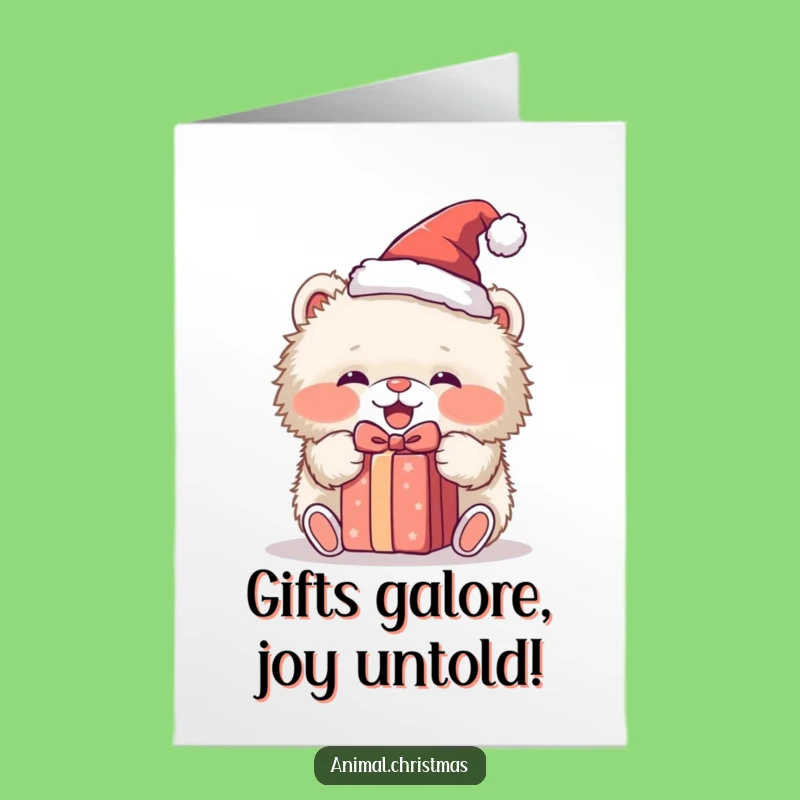Free Printable Funny Animal Birthday Card: Fluffy Santa Hat Gift Opening Download