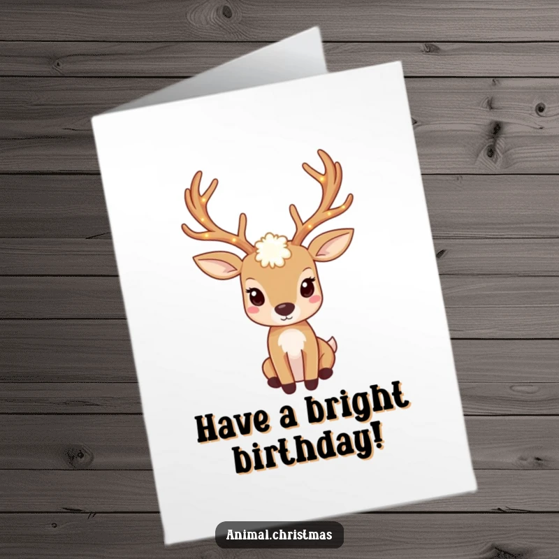Funny Free Printable Birthday Card: Deer with antlers adorned with twinkling lights, celebrating a bright DIY birthday.