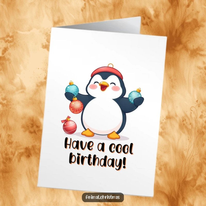 Funny Free Printable Birthday Card: A plump penguin beams while attempting to juggle three shimmering Christmas baubles.