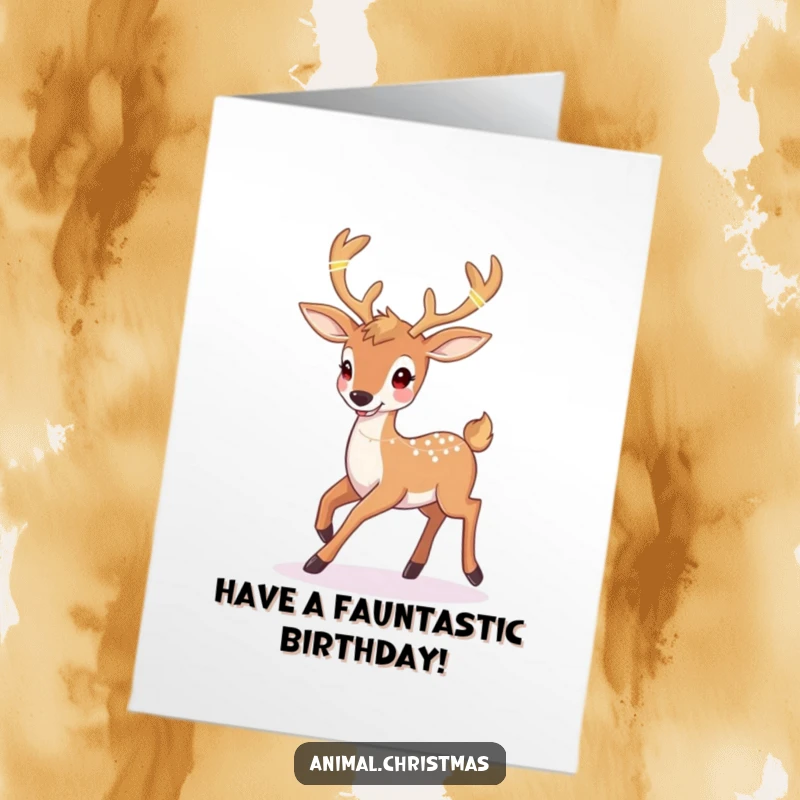 Funny Free Printable Birthday Card: Happy deer with twinkling lights in antlers prancing joyfully, celebrating a birthday.