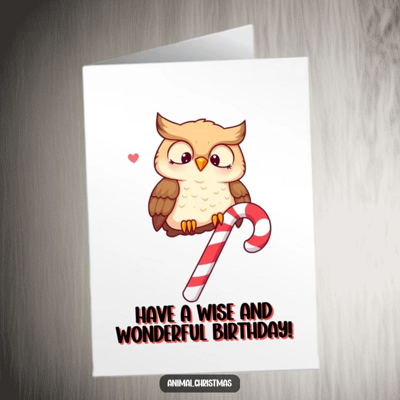 Funny Free Printable Birthday Card: A wise owl sits merrily atop a candy cane, hooting happy birthday wishes.