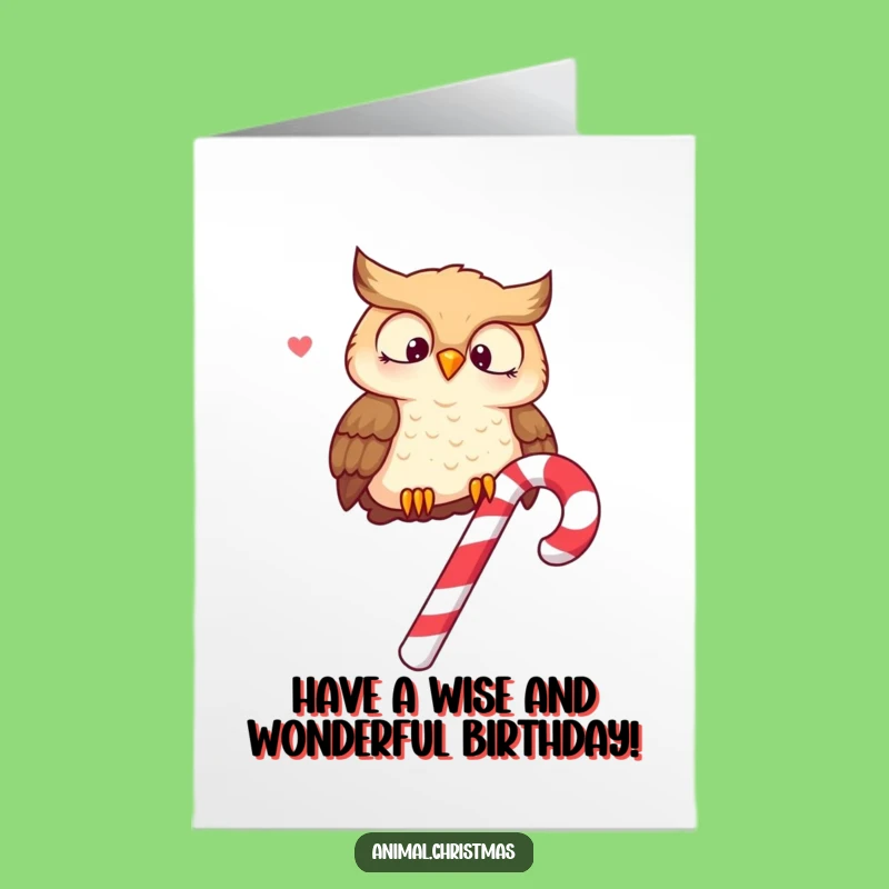 Free Printable Birthday Card: Merry Owl on Candy Cane, Funny Downloadable