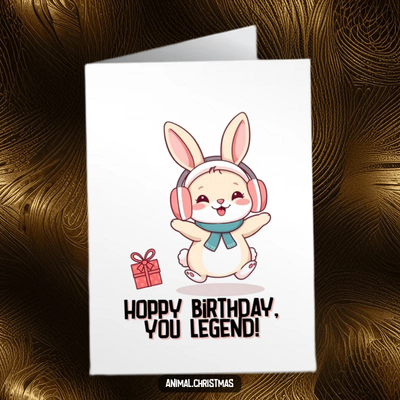 Funny Free Printable Birthday Card: A cute rabbit wearing warm earmuffs hops with excitement, wishing a happy birthday.
