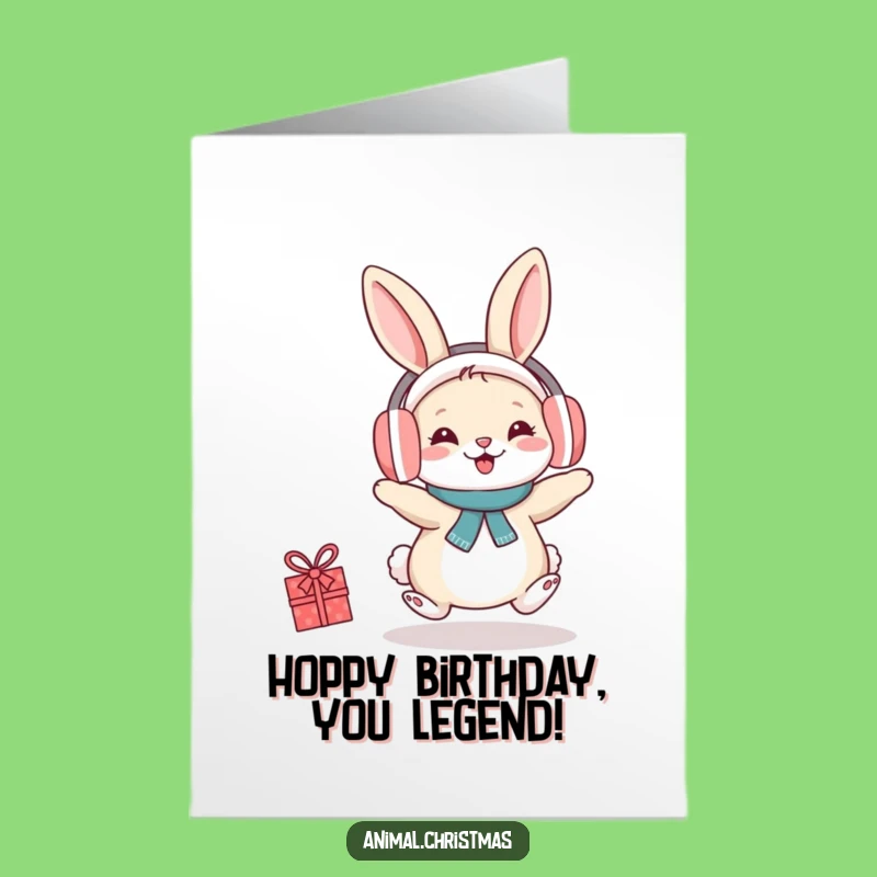 Free Printable Birthday Card: Cheerful Rabbit in Earmuffs, Funny Downloadable