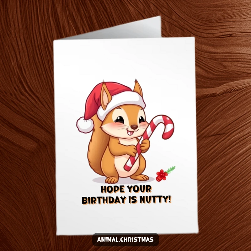 Jolly free printable birthday card featuring a squirrel in a Santa hat, happily holding a striped candy cane.