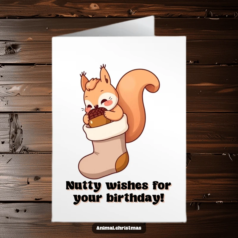 Funny Free Printable Birthday Card: Kawaii squirrel busily stuffs a huge acorn into a Christmas stocking, ready for birthday cheer.