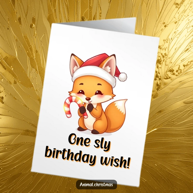 Funny Free Printable Birthday Card: A charming fox wearing a Santa hat holds a glowing candy cane, exuding playful holiday spirit.