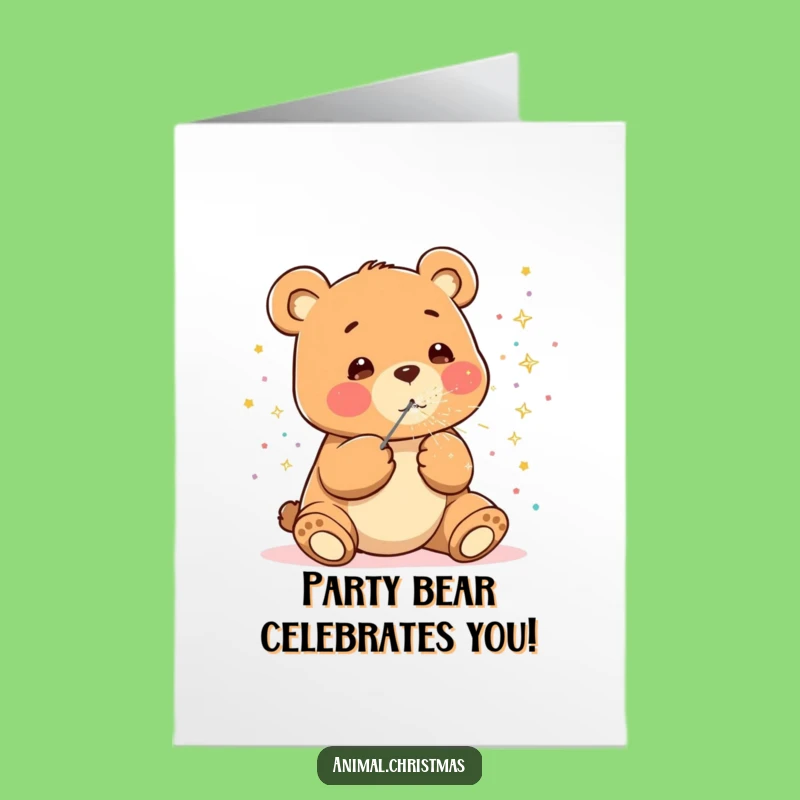 Free Printable Funny Bear Birthday Card: Kawaii Bear Celebrates with Confetti Download