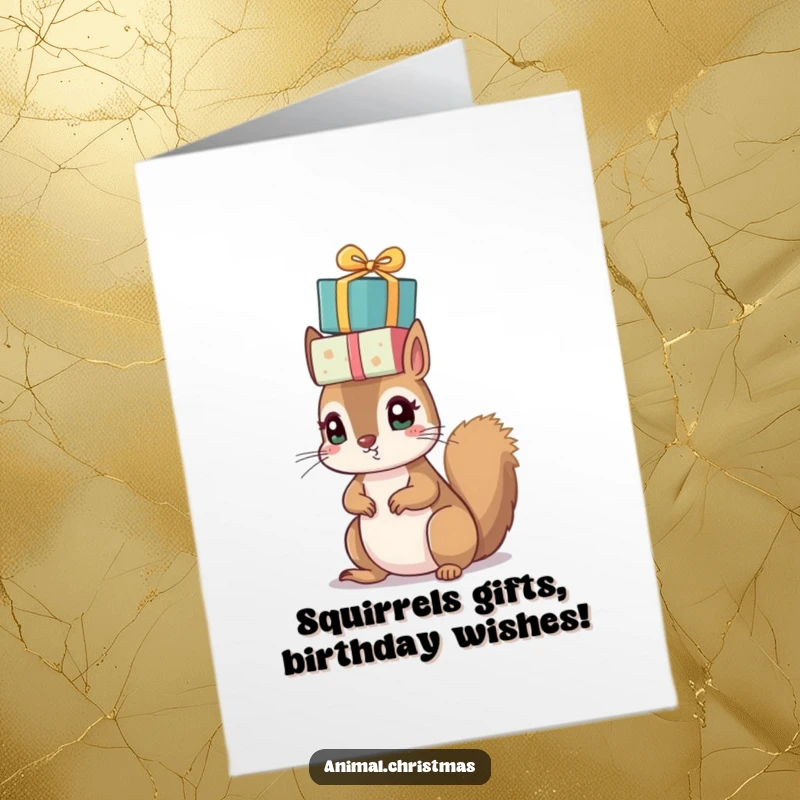 Funny Free Printable Birthday Card: A bright-eyed squirrel precariously balances a pile of wrapped presents on its head.