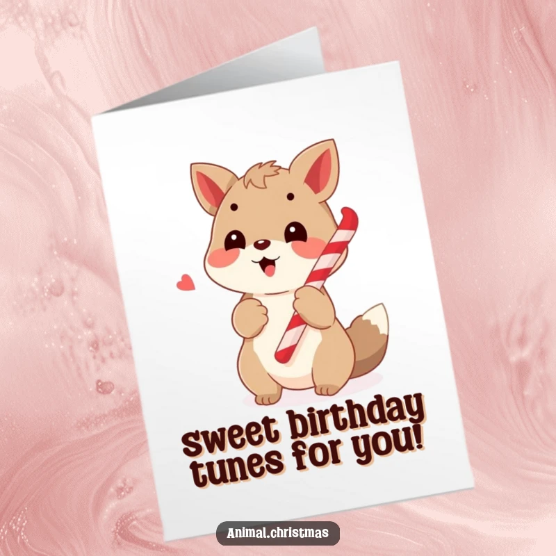 Funny Free Printable Birthday Card: A cheerful animal carols holding a candy cane, spreading birthday joy.