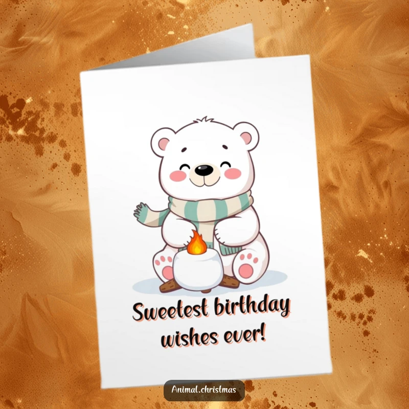 Funny Free Printable Birthday Card: A polar bear in a festive scarf happily roasts a marshmallow over a fire.