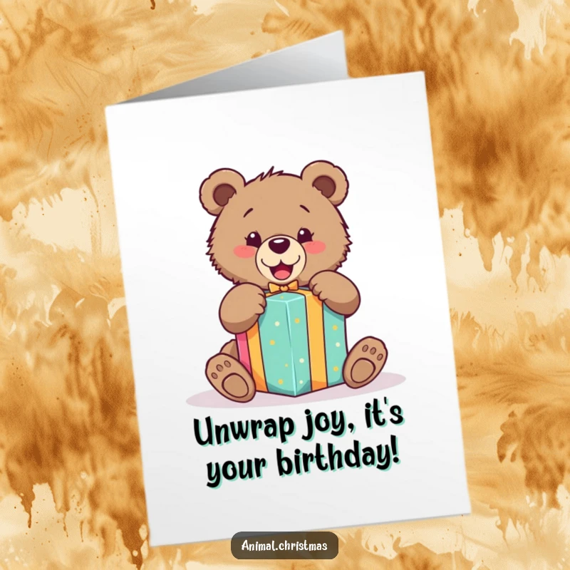 Funny free printable birthday card: a bear cub excitedly unwraps a brightly colored gift, radiating pure birthday delight.