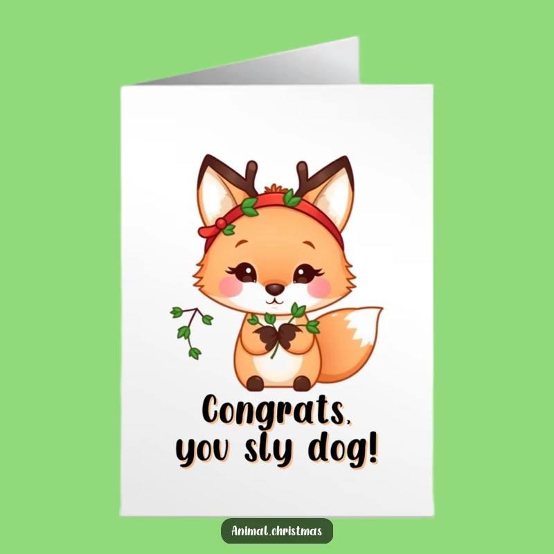 Free Printable Congrats Card: Kawaii Fox Celebrates Your Win Under The Mistletoe!