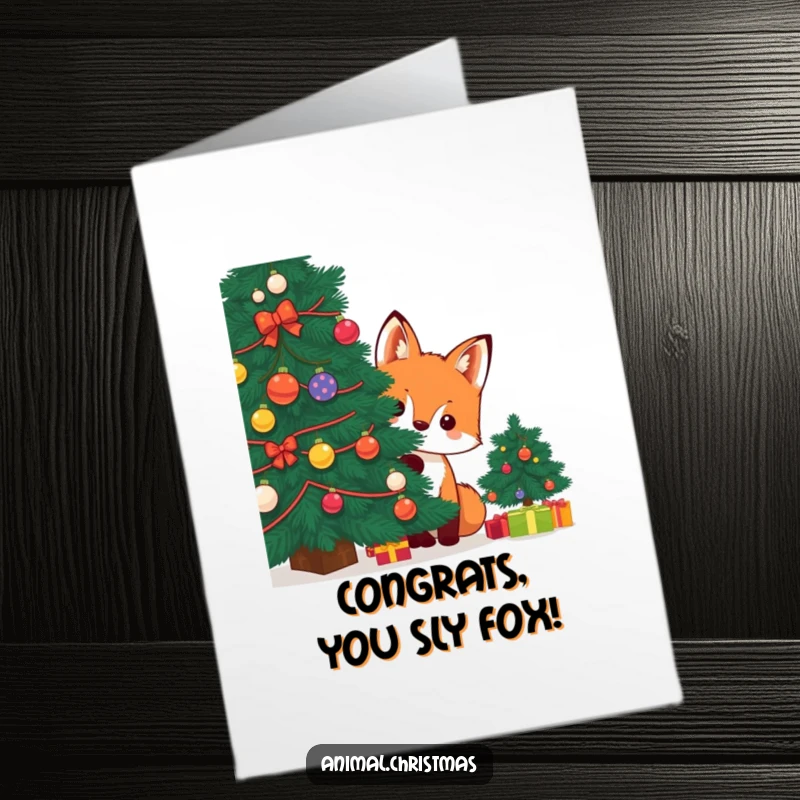 Funny Free Printable Congratulations Card: Kawaii fox peeking from a decorated Christmas tree, great for a humorous DIY congrats.