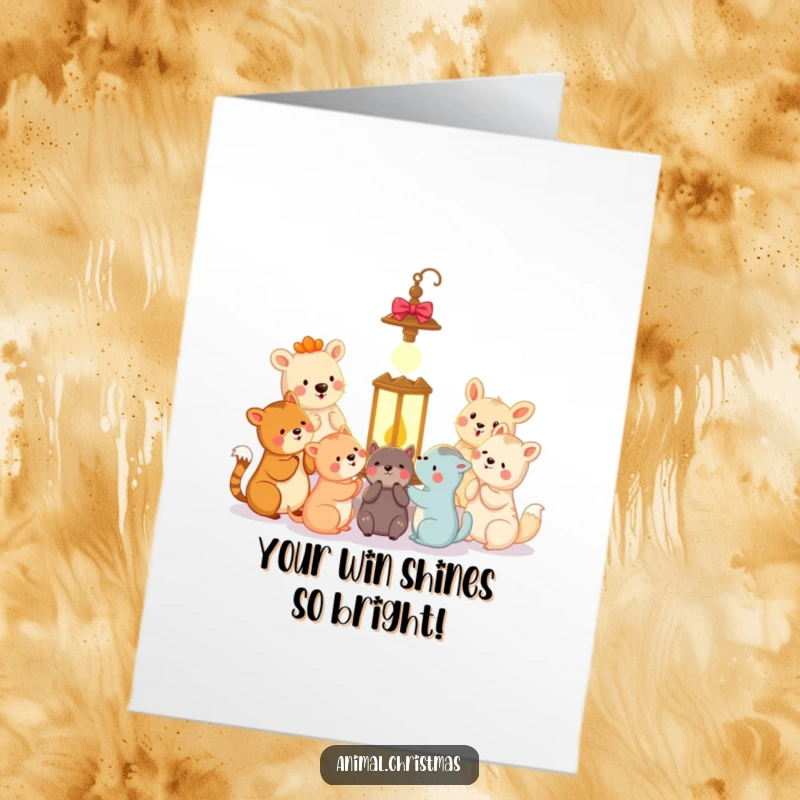 Free Printable Congratulations Card: A cheerful ensemble of animals sings carols around a radiant lantern, sharing celebratory music.