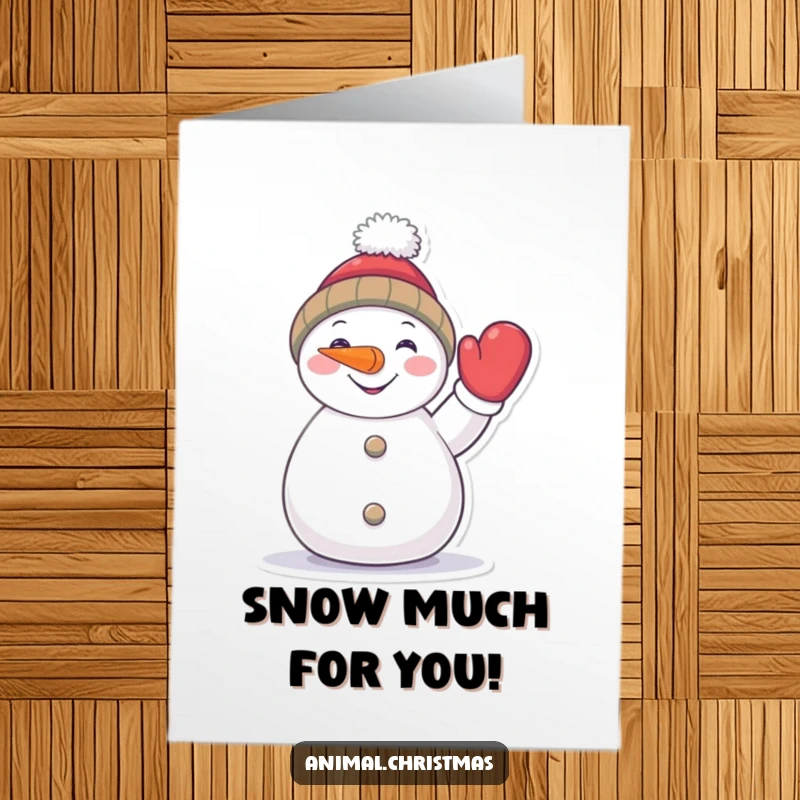 Funny Free Printable Congratulations Card: Joyful snowman with carrot nose waving a mitten, celebrating success with a DIY touch.