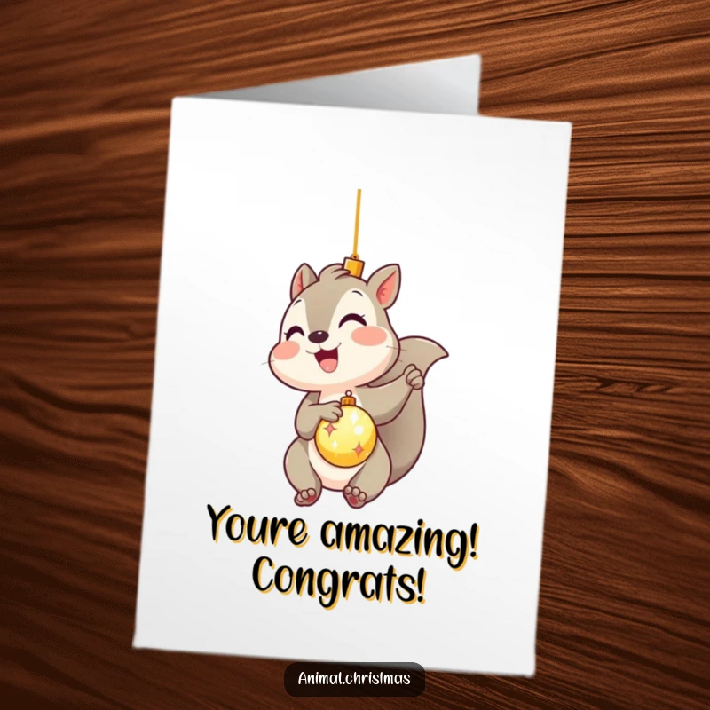 Funny Free Printable Congratulations Card: Kawaii squirrel gleefully hanging a shiny ornament, great for a humorous DIY congrats.