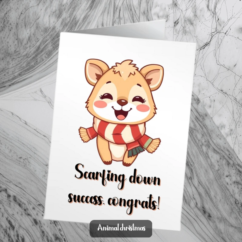 Funny Free Printable Congrats Card: Cute cartoon animal in a cozy scarf beaming with a huge smile, celebrating good news.