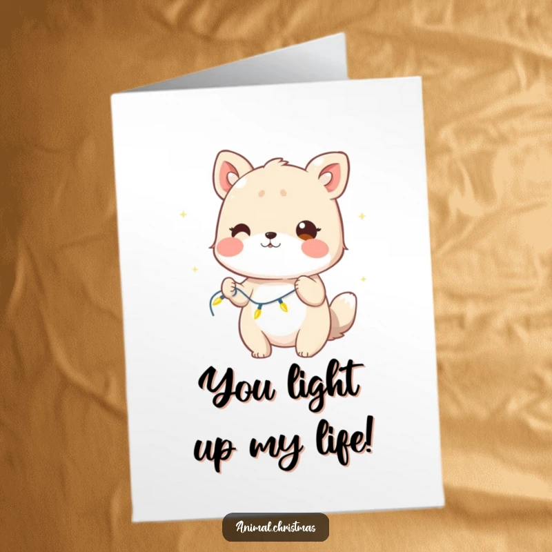 Funny Free Printable Congrats Card: Playful cartoon animal winking mischievously while holding a strand of bright, twinkling fairy lights, celebratory.