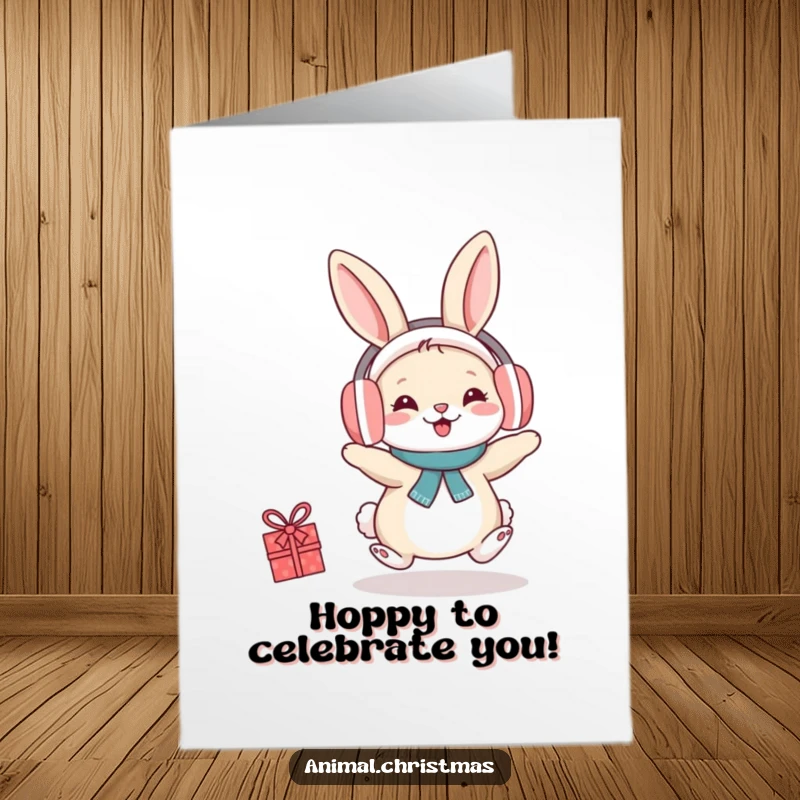 Funny Free Printable Congratulations Card: A happy, earmuff-clad rabbit hops with festive spirit to celebrate good news.