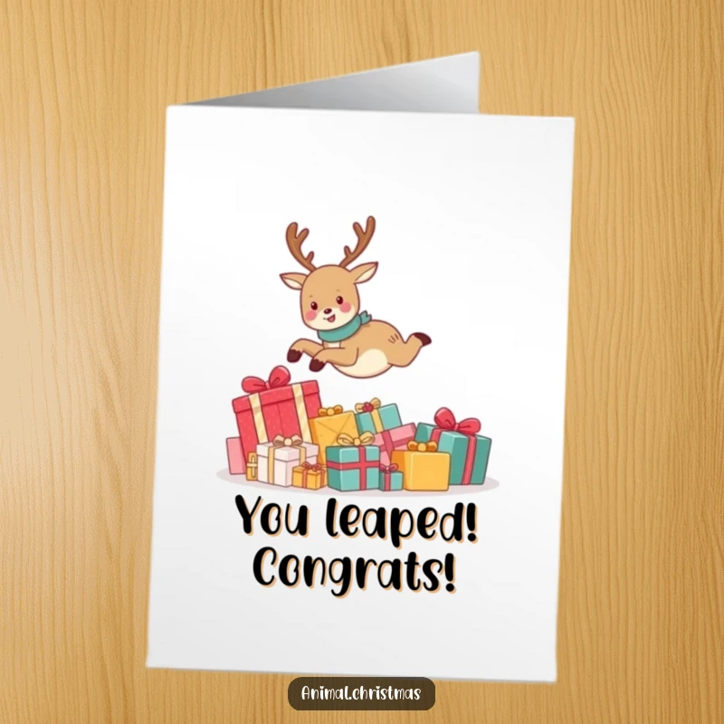 Funny Free Printable Congratulations Card: A joyful reindeer mid-leap over a stack of gifts, perfect for celebrating success.